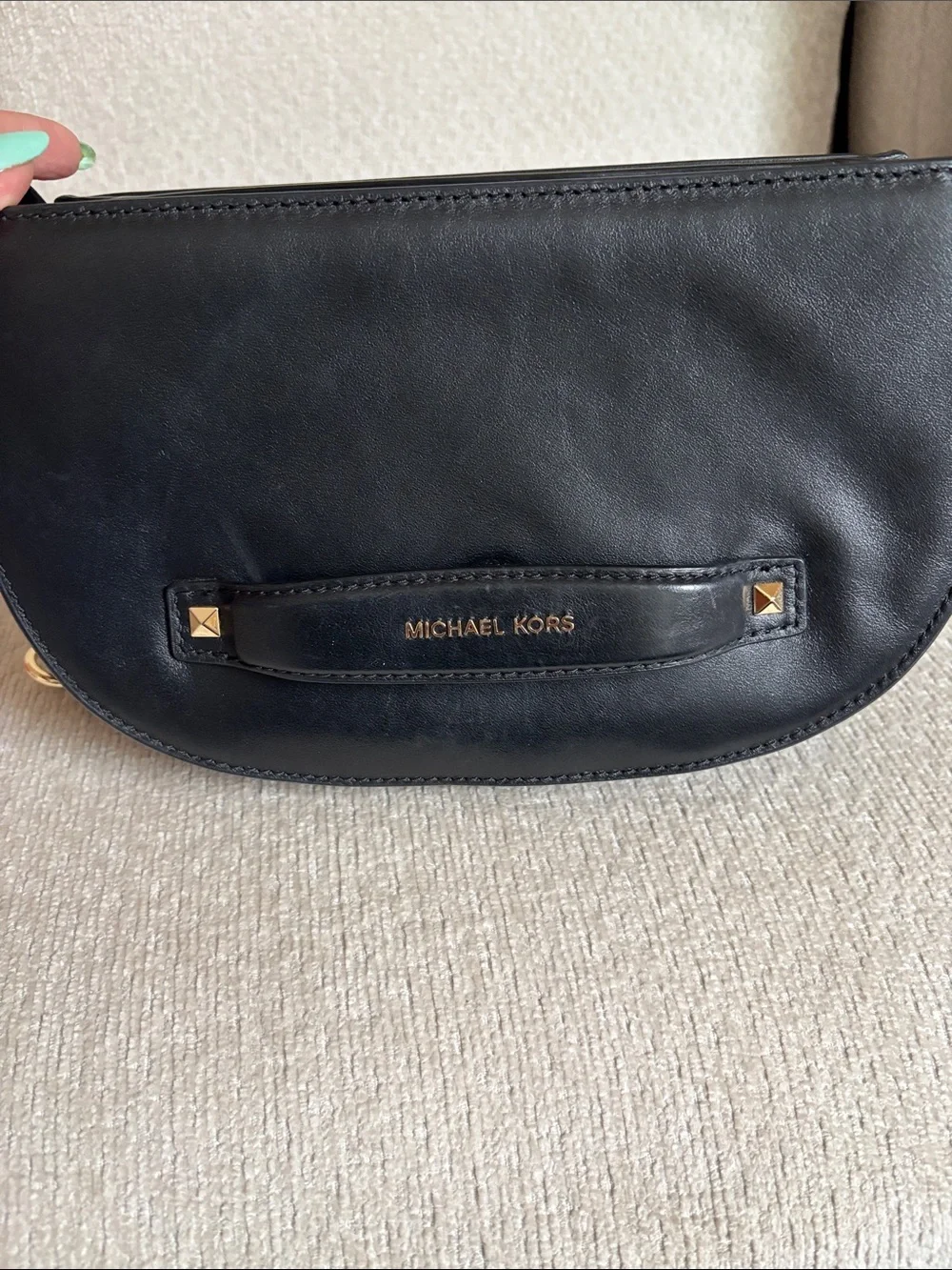 MICHAEL KORS Black Leather Saddle Shoulder Bag with Gold Hardware